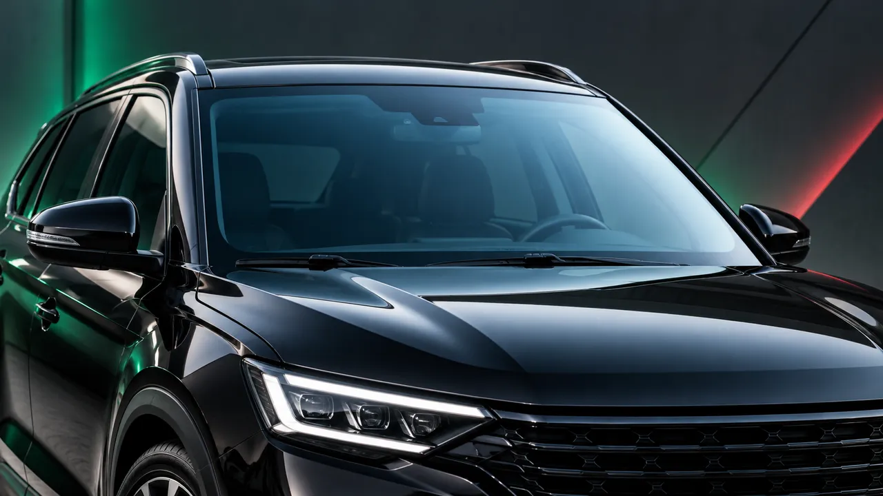 SUV preto moderno em estúdio, com destaque para o para-brisa